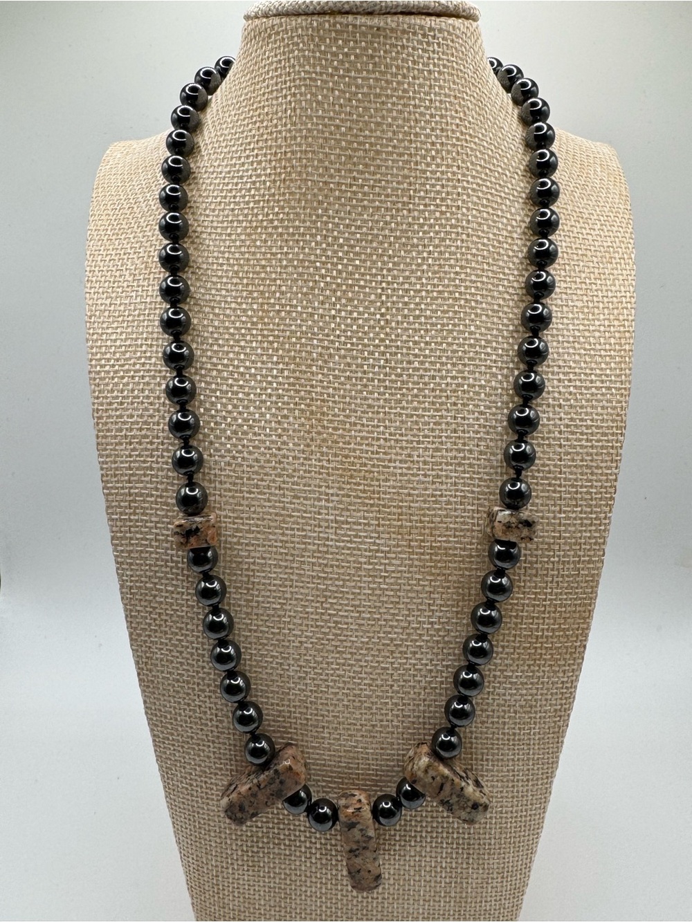 Black Hematite Bead Necklace with Beige Stone Pendants - Women Jewelry